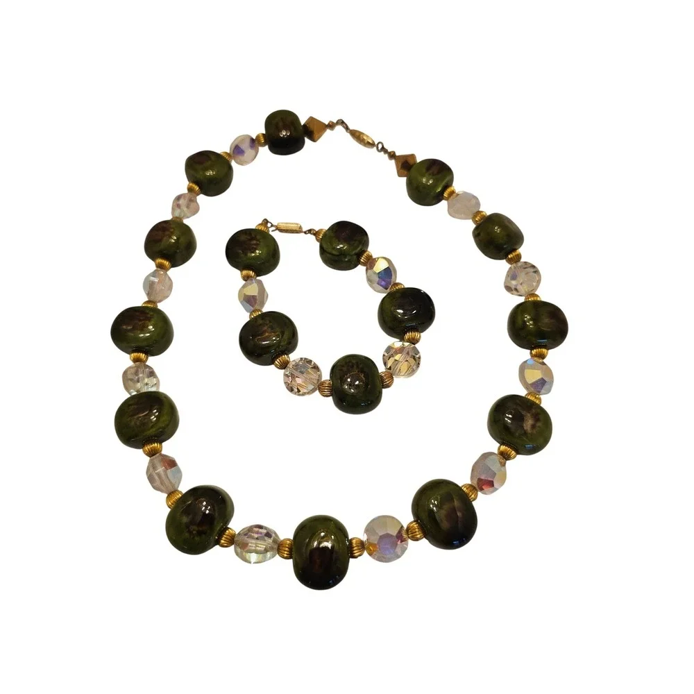 Vintage Green Ceramic & Aurora Borealis Crystal Necklace Bracelet Jewelry Set